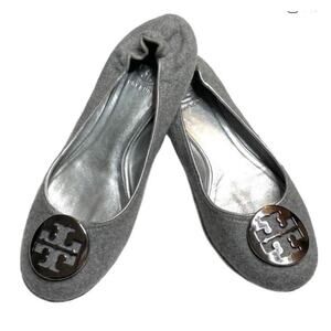 Tory Burch Reva Ballet Flats Gray Wool Felt Logo Medallion Size 7